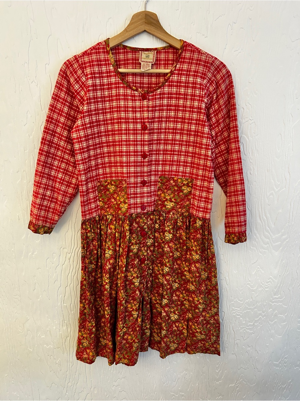 90s April‎ Cornell/Corenelloki Girl's Flannel Plaid Floral Dress Sz 9/10 Cottage